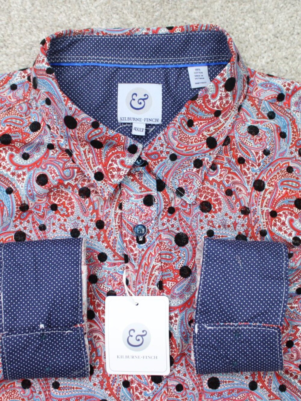 Kilburne & Finch Shirt NWT Mens 4XLT Red Geometric Flip Cuff Cotton Long Sleeve